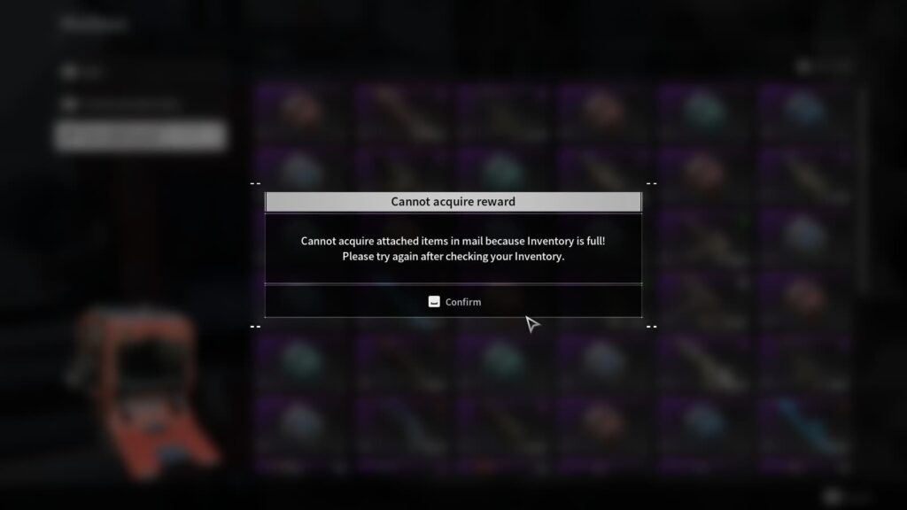 A message saying the inventory is full after trying to obtain an item from the Lost and Found in The First Descendant.