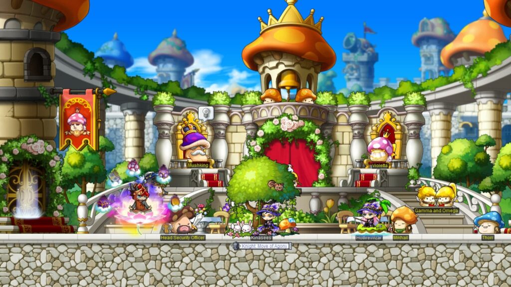 Characters gather around a kingdom in MapleStory, a game made by NEXON, who also made The First Descendant.