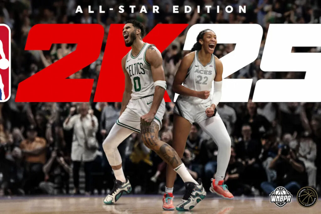 NBA and WNBA stars Jayson Tatum and A'Ja Wilson featured together in the cover of NBA 2K25 All-Star Edition.