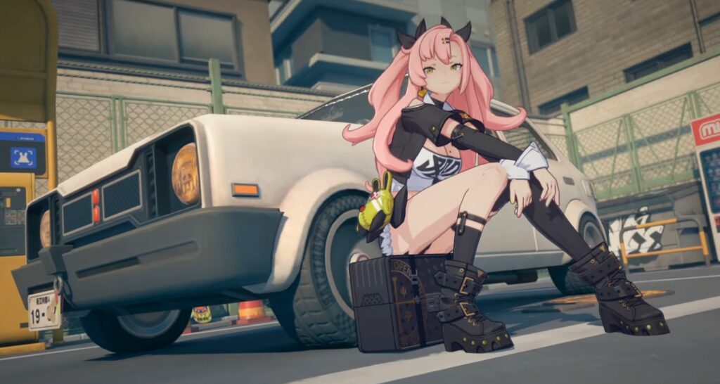 Nicole Zenless Zone Zero sitting infront of a car