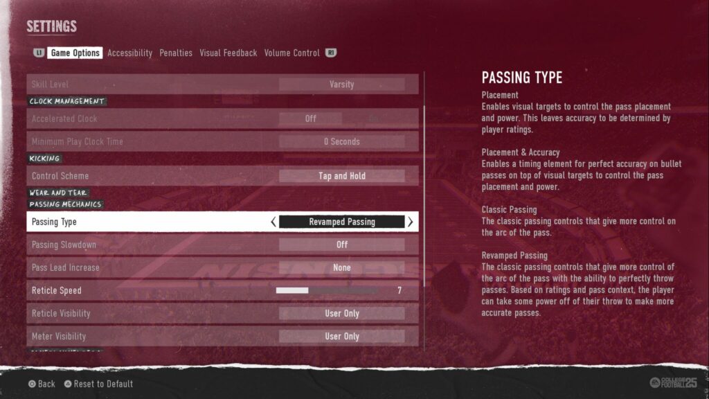 The Passing Type options in College Football 25.
