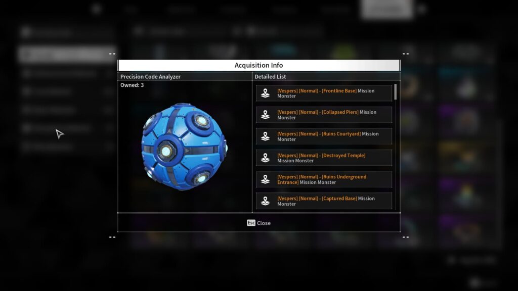 The Acquisition Info list for a Precision Code Analyzer.