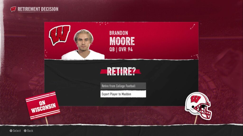 The option to export a Road to Glory player from College Football 25 to Madden 25.