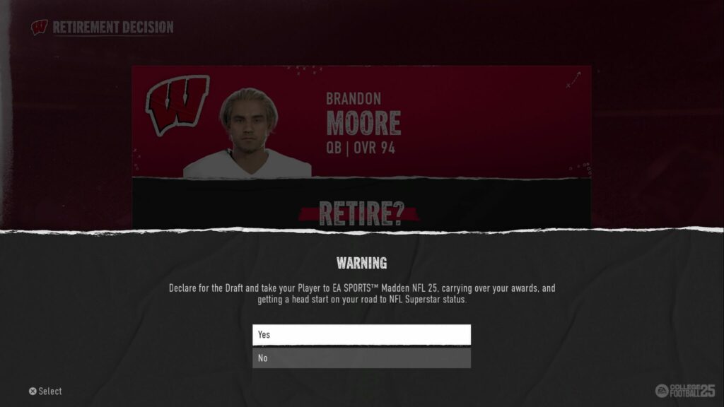 The option to confirm the export a Road to Glory player from College Football 25 to Madden 25.