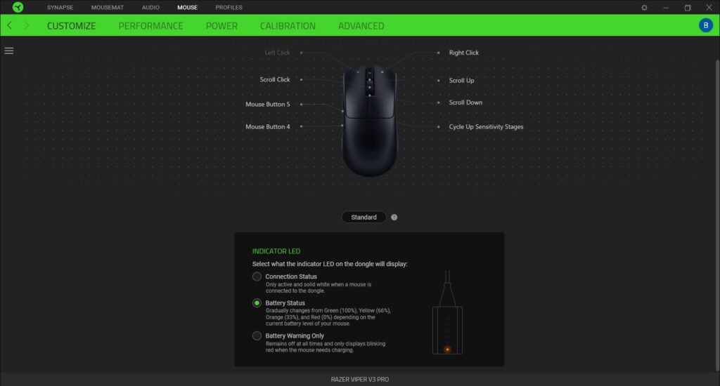 The Viper V3 Pro customization on the Razer Synapse program.