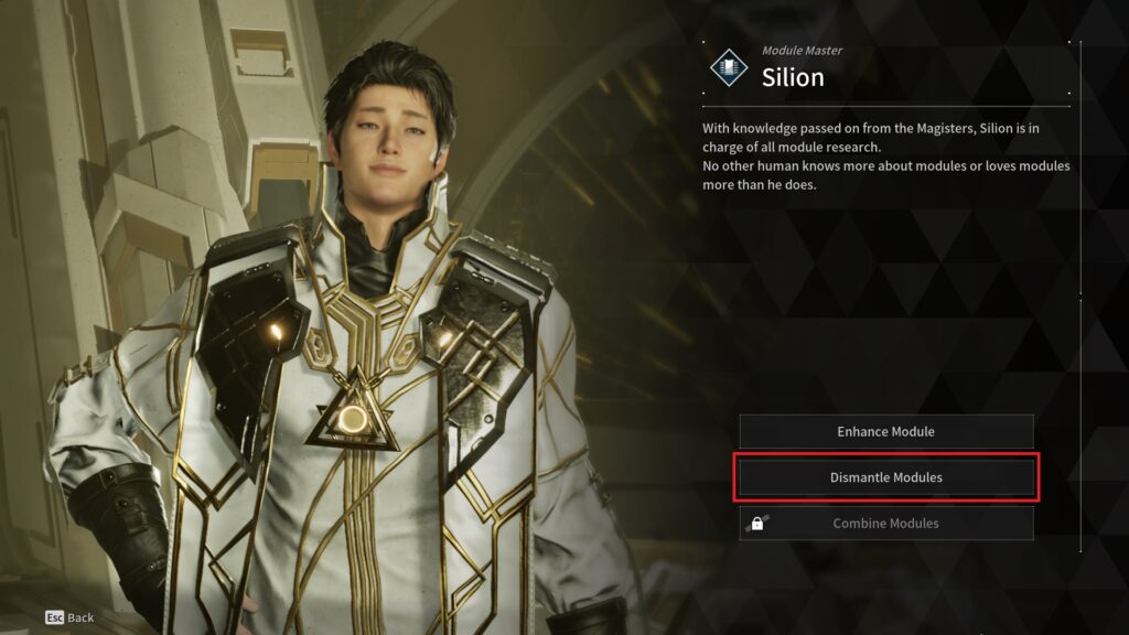 The First Descendant player talking to Silion to dismantle Module.