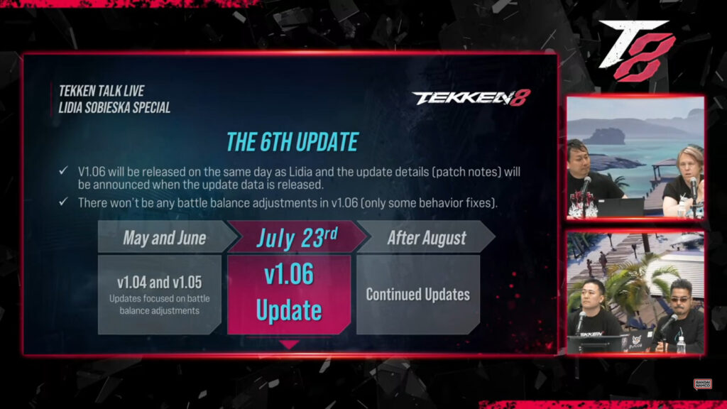 A poster that explains the upcoming update for the fighting game TEKKEN 8; Patch 1.06