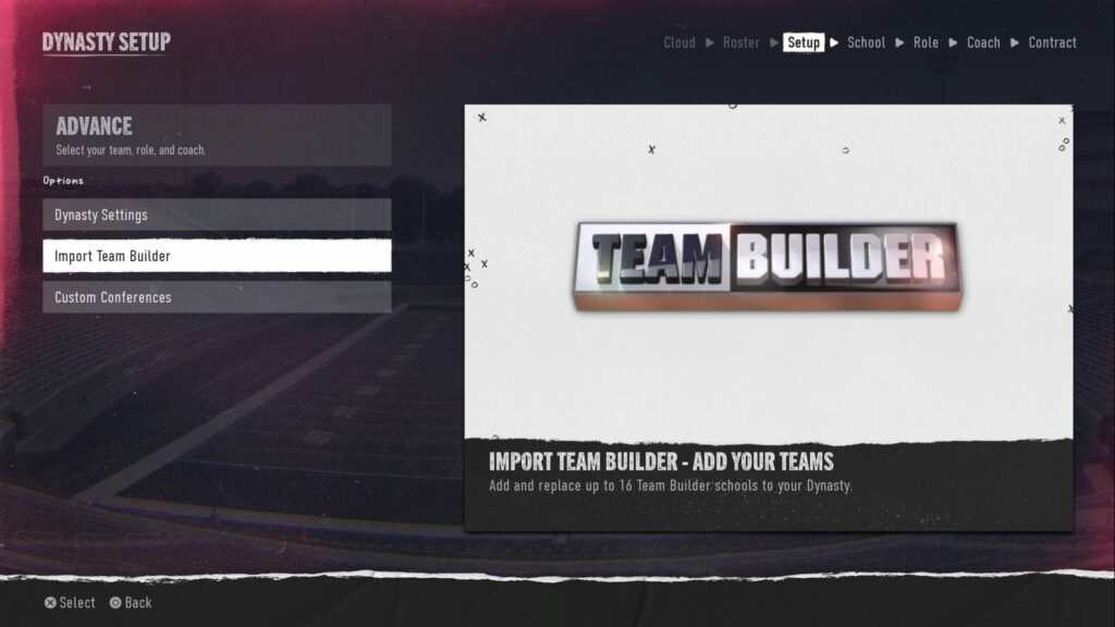 The option to import a team from Team Builder into College Football 25.