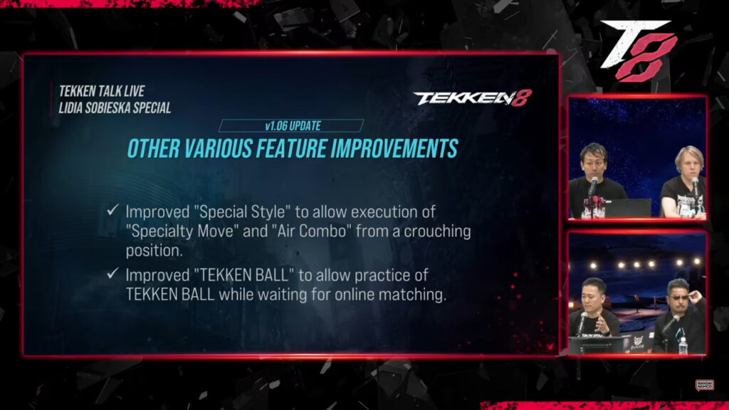 A poster that explains the upcoming update for the fighting game TEKKEN 8; Patch 1.06