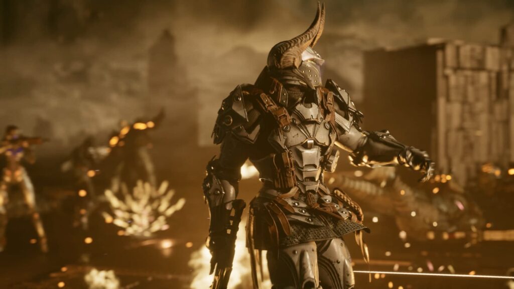 Ajax stands on a battlefield in The First Descendant.
