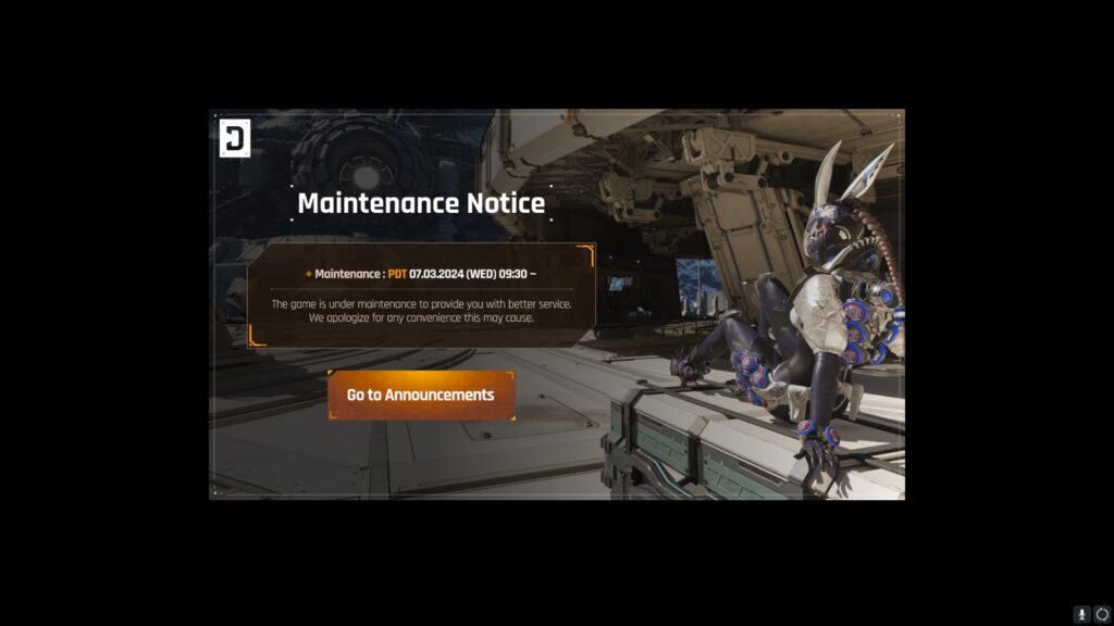 A maintenance message when loading into The First Descendant, indicating the servers are down.