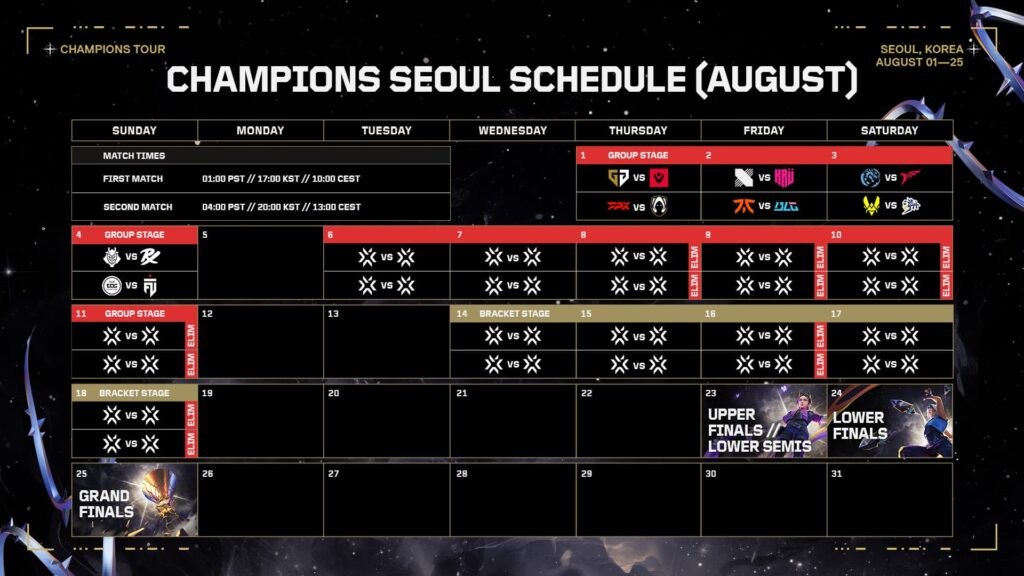 The VALORANT Champions Seoul 2024 schedule.