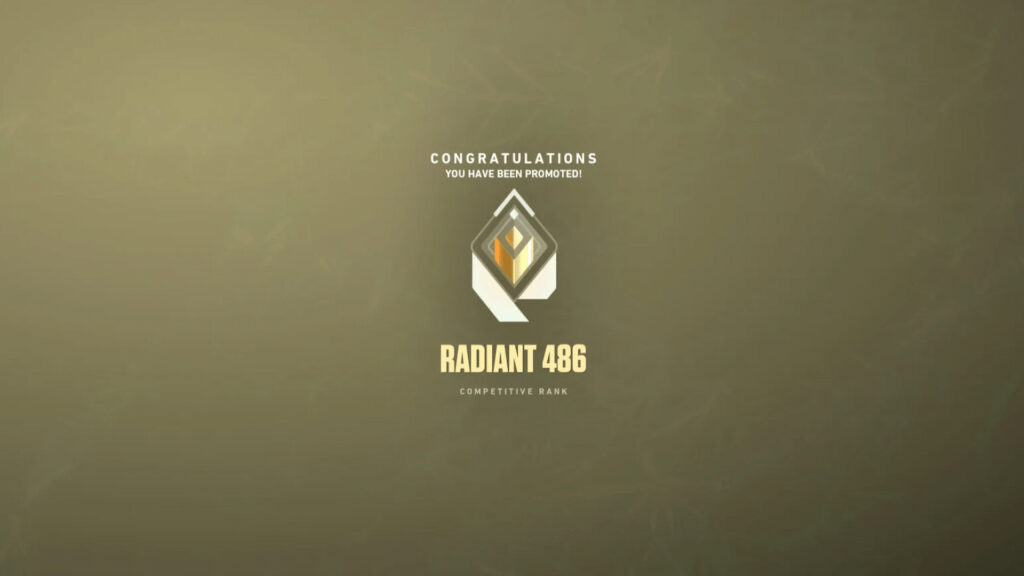 The VALORANT Radiant rank up screen.