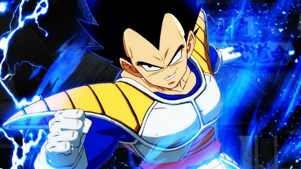 The Dragon Ball character Vegeta in DBFZ, a screenshot of the victory posture