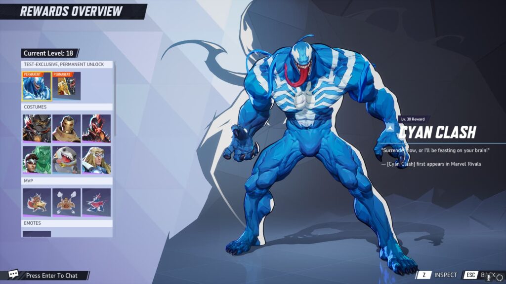 The Cyan Clash Venom outfit, a permanent reward in the Marvel Rivals Closed Beta Test.