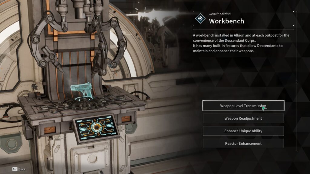 The list of choices in the Workbench in The First Descendant to level up a weapon.