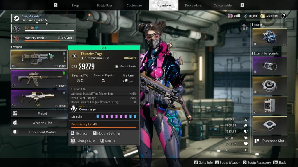 The Thunder Cage and its weapon proficiency level in a player's inventory in The First Descendant.