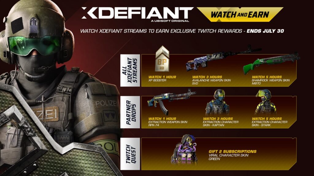 The XDefiant Season 1 Twitch Drops and how to obtain them.
