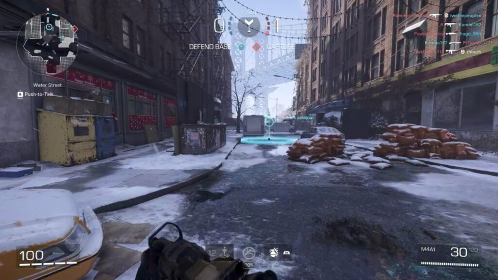 A screenshot from the game XDefiant — a team’s flag n the mode Capture the Flag