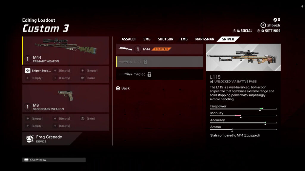 A screenshot from the shooting game XDefiant, featuring the new weapon, the sniper rifle L115 on the loadouts screen, with the stats visible