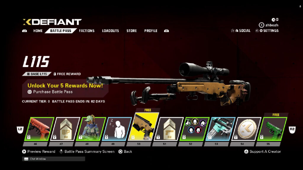 To unlock the new XDefiant weapon L115 (sniper rifle), you need to reach tier 50 of Season 1 Battle Pass — a game screenshot featuring the weapon and the Battle Pass tiers