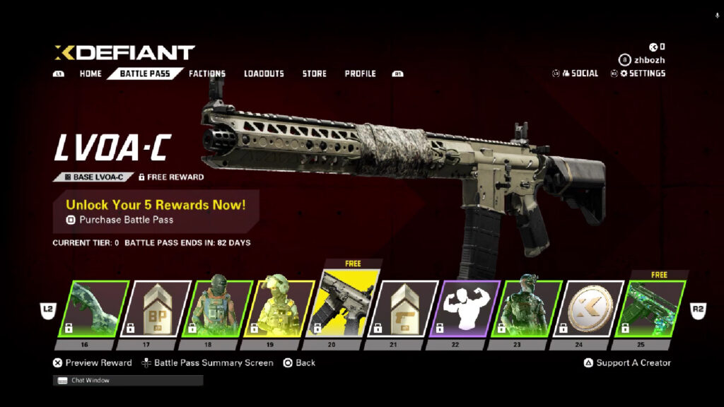 Reach Battle Pass tier 20 in the shooting game XDefiant to unlock the new assault rifle LVOA-C — a game screenshot featuring the Battle Pass tiers and LVOA-C