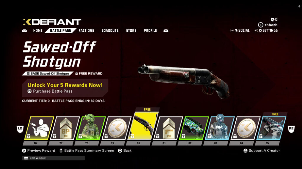 The shotgun Sawed-off is a free Battle Pass reward during XDefiant Season 1. It’s available at tier 80 — a screenshot from the shooting game