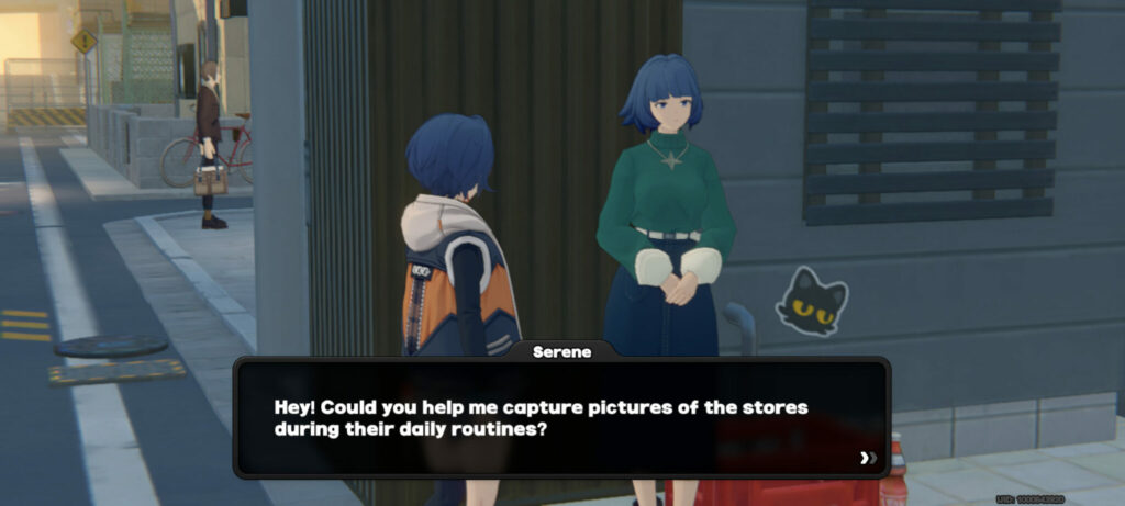 An example of a mission that requires you to take a picture in Zenless Zone Zero (ZZZ).

An NPC, Serene, tells the player, "Hey! Could you help me capture pictures of the stores during their daily routines?"