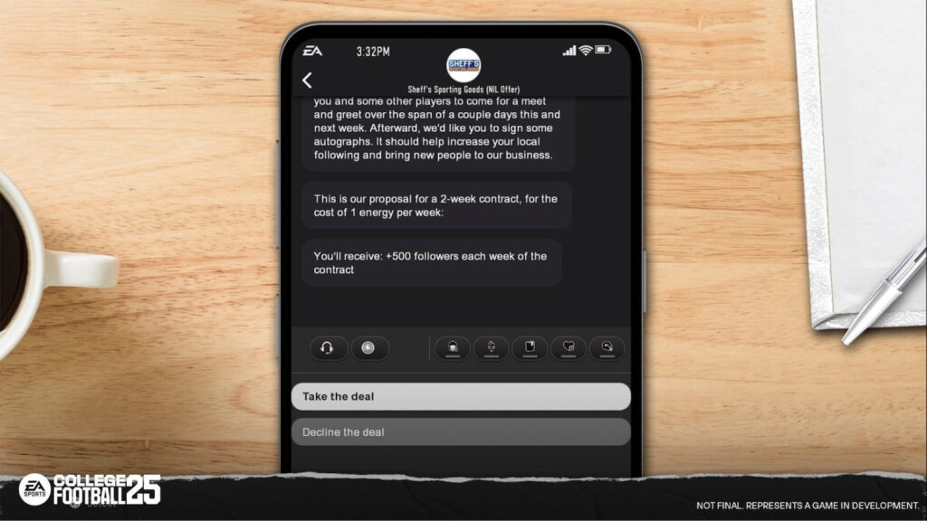 Example of a NIL deal offer in College Football 25. The player has to pay 1 energy per week to gain +500 followers each week of the contract.
