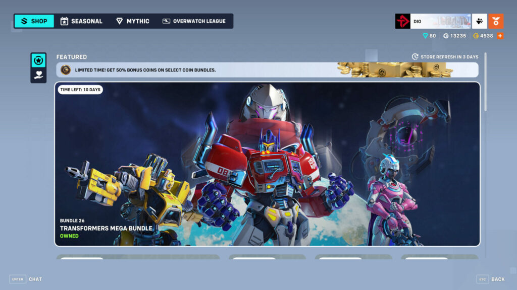 Megatron Ramattra, Optimus Prime Reinhardt, Arcee Illari, and Bumblebee Bastion in the shop