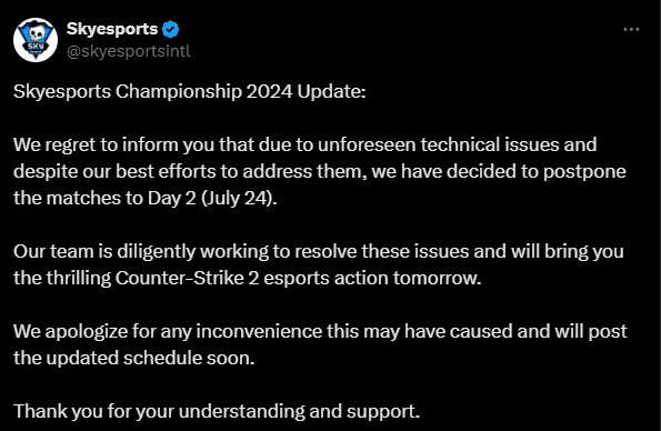 An update from the Skyesports Championship 2024. The first day of the tournament has been canceled.