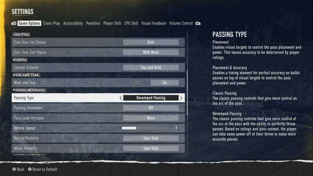 College Football 25 Passing type Settings