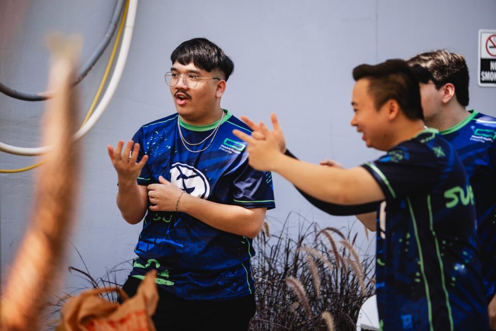 jawgemo (L) and Derrek of Evil Geniuses react back stage at Week 3 of VCT Americas Stage 2 at the Riot Games Arena on July 07, 2024.