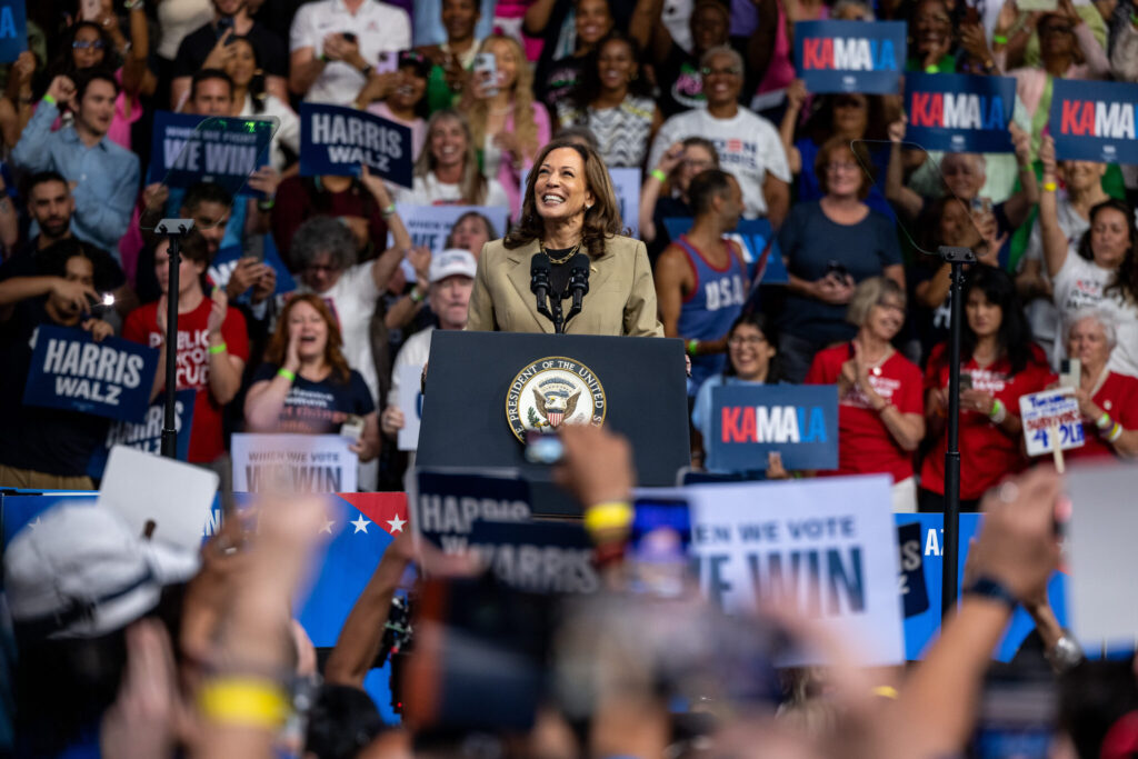 Kamala Harris, who is now on Twitch, speaks at a campaign rally in Phoenix, Arizona.