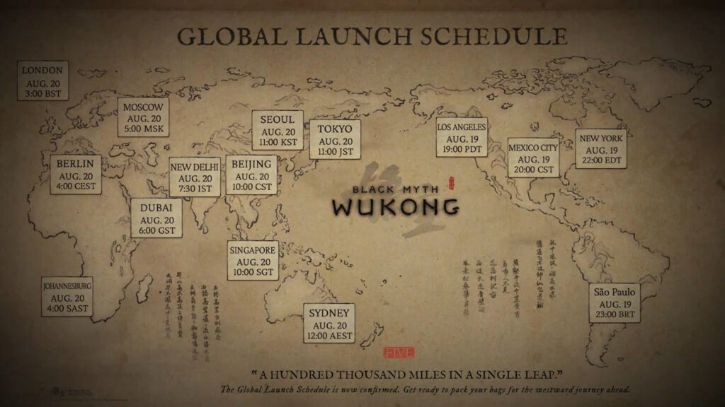 The image shows the release time of the action-adventure game Black Myth: Wukong for different time zones