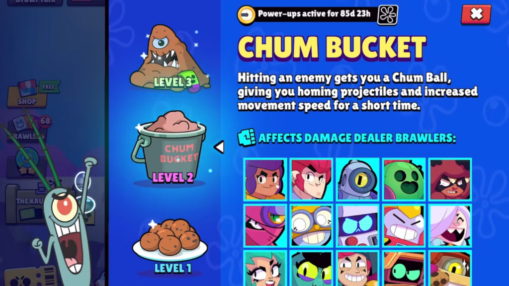 The screenshot from the Brawl Talks video shows the SpongeBob Brawl Stars power-up Chum Bucket and its upgrade levels