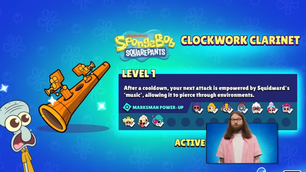 The SpongeBob power-up Clockwork Clarinet from the game Brawl Stars is featured in this screenshot from the official video