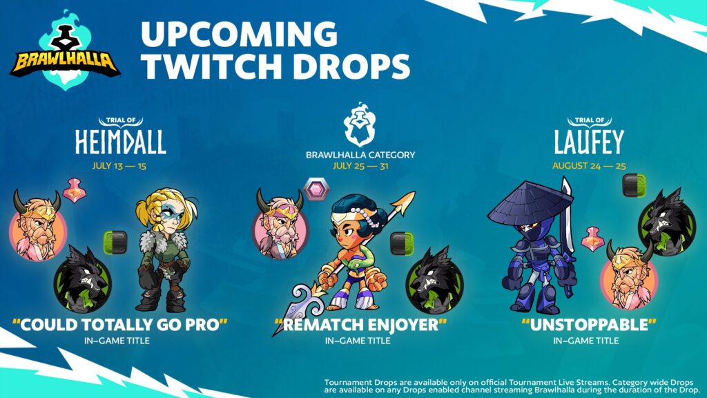 The image shows Brawlhalla Twitch drops from esports streams: the Trial of Laufey and the Trial of Heimdall.