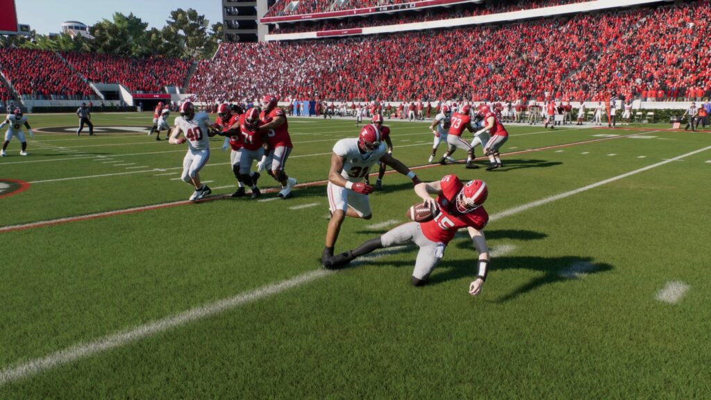 A defensive player sacks the quarterback in College Football 25.