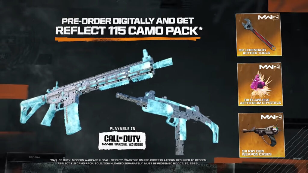 the image shows the preo-order bonus for the game Call of Duty: Black Ops 6 - Reflect 115 Weapon Camo Pack