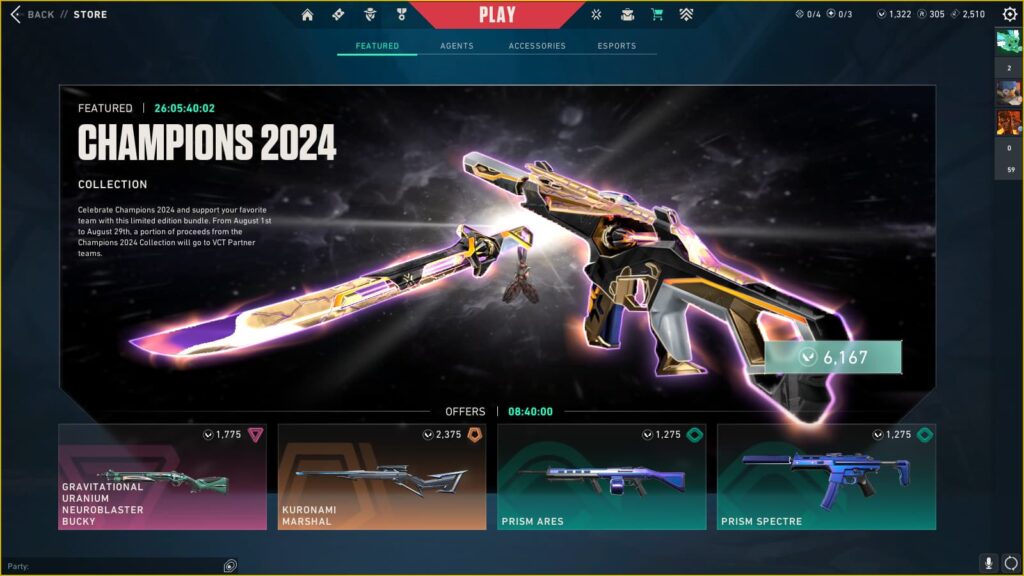 The VALORANT Champions 2024 bundle in the store, showing its price and time left to purchase it.