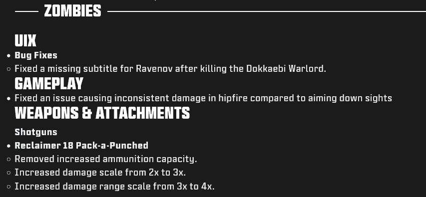 Zombies mode in the official patch notes for the Call of Duty Modern Warfare III update, Season 5 Reloaded