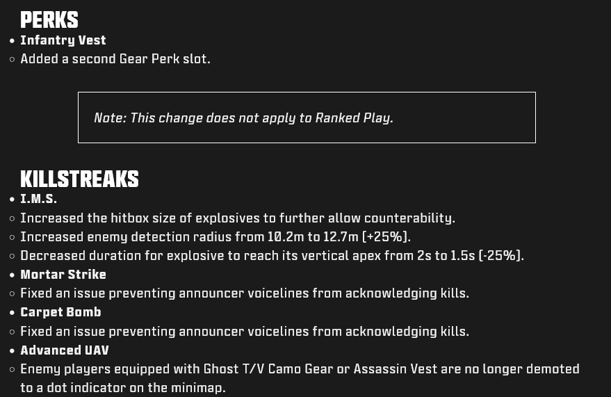 Perks and Killstreaks in the official patch notes for the Call of Duty Modern Warfare III update, Season 5 Reloaded