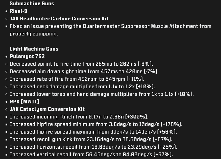 SMGs and LMGs in the official patch notes for the Call of Duty Modern Warfare III update, Season 5 Reloaded