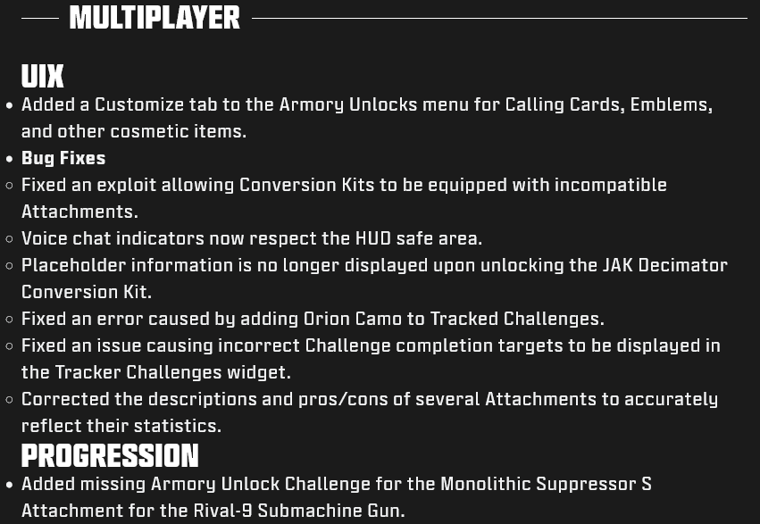 UIX and Progression in the official patch notes for the Call of Duty Modern Warfare III update, Season 5 Reloaded