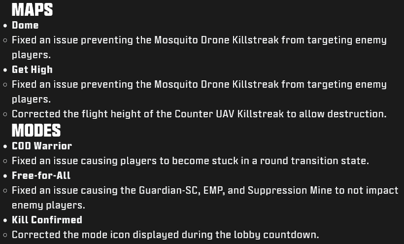 Maps and Modes in the official patch notes for the Call of Duty Modern Warfare III update, Season 5 Reloaded
