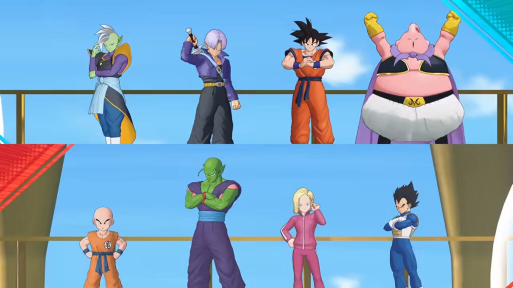 This screenshot from the beta test trailer shows some Dragon Ball characters in the game Dragon Ball Project: Multi — Piccolo, Android 18, Krillin, Vegeta, Majin Buu, Trunks, Zamasu, and Goku