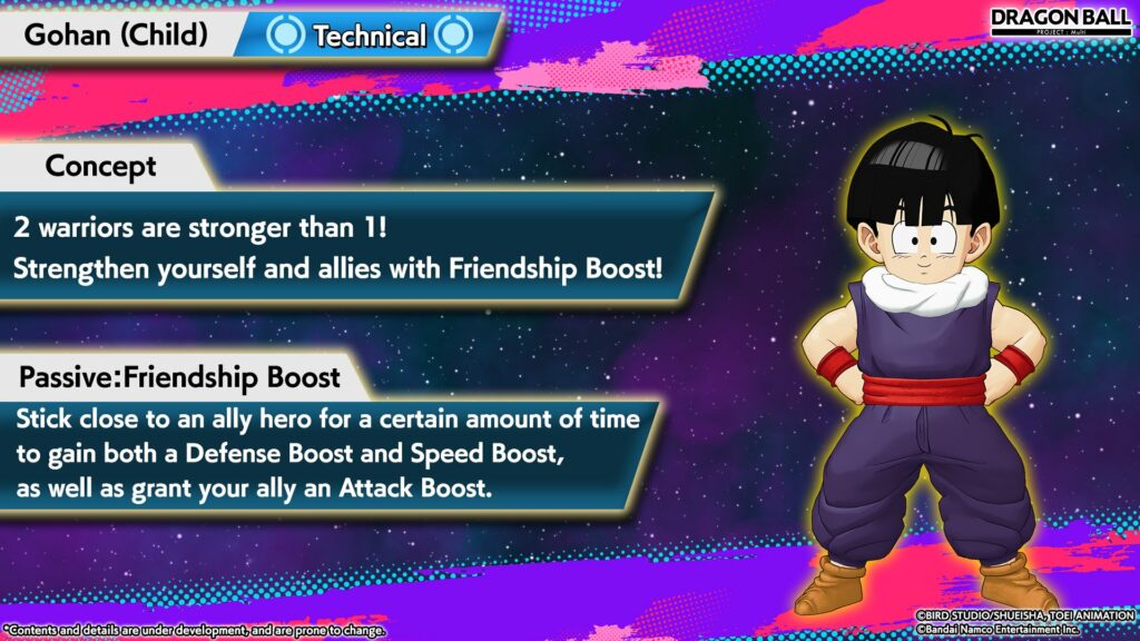 The image gives info about kid Gohan as a playable character in the game Drago Ball Project Multi