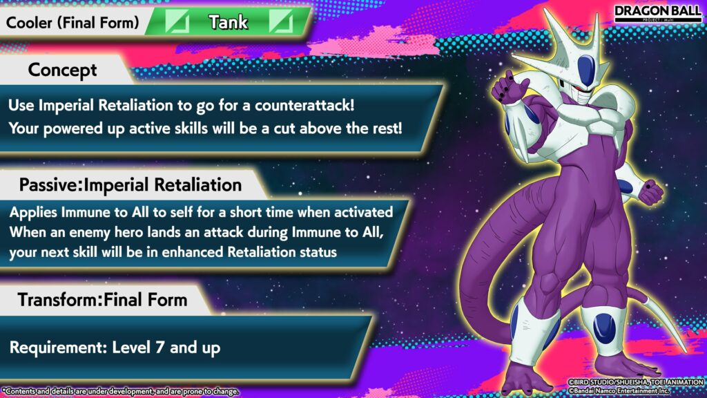 The image contains information about the Dragon Ball character Cooler in the new MOBA game