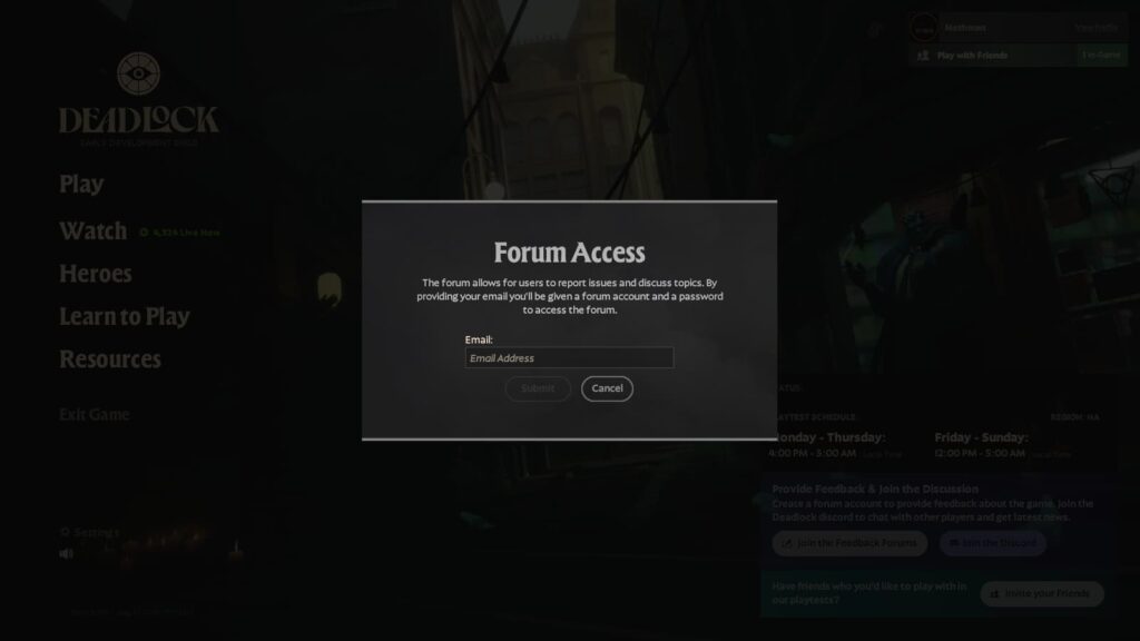 The Forum Access popup to give feedback in Deadlock.